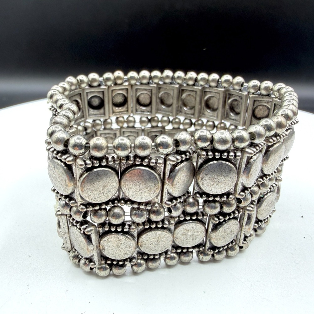 Silver Tone Chunky Stretch Bracelet Geometric Coin Bead Boho Statement Jewelry